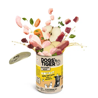 DOGS'n TIGER Schlemmer-Menü Proviant Huhn mit Ente, Apfel & Kartoffel. Fleischmahlzeit für ausgewachsene Hunde, 63% Huhn & Ente. Zutaten: Fleischstücke, Gemüse, Obst.