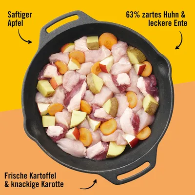 Schwarze Pfanne mit Zutaten: 63% zartes Huhn & leckere Ente, saftiger Apfel, frische Kartoffel & knackige Karotte. Gelber Hintergrund mit Textbeschreibungen.