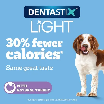Dentastix Light with 30% fewer calories, same great taste, made with natural turkey. Image shows a dog and product claims.
