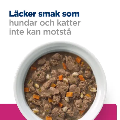 Text: Läcker smak som hundar och katter inte kan motstå. Skål med våtfoderbitar, synliga morotsbitar och kött i sås.