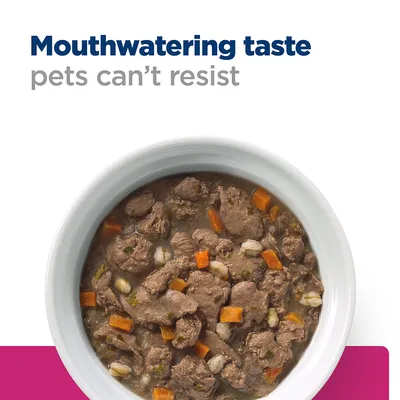 Bowl of wet pet food with visible meat chunks and vegetables, accompanied by the text: Mouthwatering taste pets can’t resist.