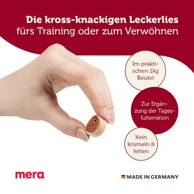 Mera Leckerlies fürs Training oder Verwöhnen. Im praktischen 1kg Beutel, zur Ergänzung der Tagesfutterration, kein Krümeln & Fetten. Made in Germany.