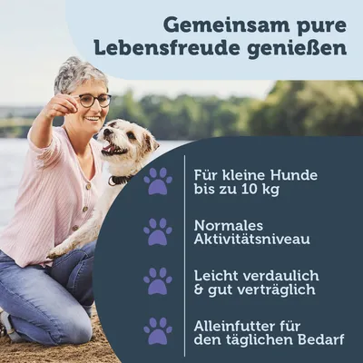 Gemeinsam pure Lebensfreude genießen. Für kleine Hunde bis zu 10 kg, normales Aktivitätsniveau, leicht verdaulich & gut verträglich, Alleinfutter für den täglichen Bedarf.