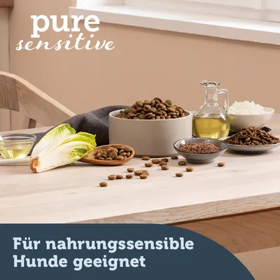 pure sensitive. Für nahrungssensible Hunde geeignet. Zutaten: Reis, Chicorée, Öl, Leinsamen und Trockenfutter in Schalen dargestellt.