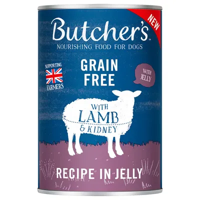 Butcher's Grain Free recipe in jelly with lamb and kidney. Supports farmers, British flag visible. New product.