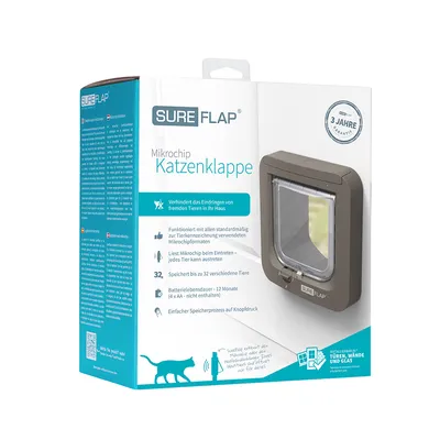SureFlap Mikrochip Katzenklappe. Verhindert Eindringen fremder Tiere. Speichert bis zu 32 Tiere. Batterielebensdauer 12 Monate. Funktioniert mit Standard-Mikrochipformaten.