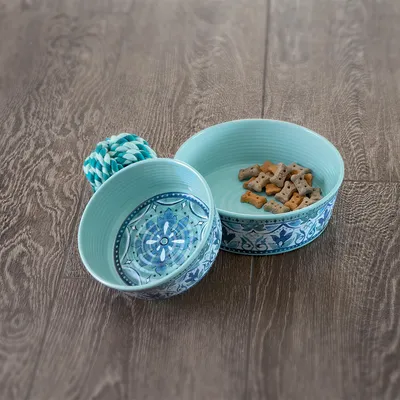 Two turquoise food bowls with decorative pattern, one filled with dog biscuits. Blue and white rope toy knot next to them on wooden floor.