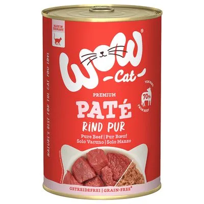 WOW Cat Premium Paté Rind Pur, 70% fresh beef, graanvrij. Tekst: Pure Beef, Pur Boeuf, Solo Vacuno, Solo Manzo. Made in Germany. Afbeelding van rundvlees en paté.
