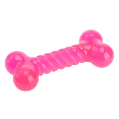 Rosa tuggleksak i benform med vriden mittdel, av plast.
