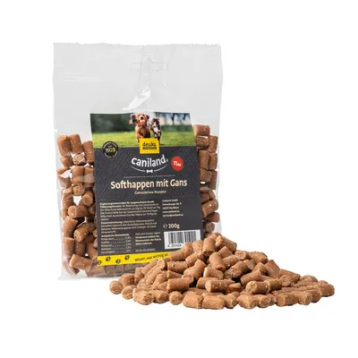Caniland SoftHappen con anatra, ricetta senza cereali. Alimento complementare per cani adulti, confezione da 200g. Ingredienti e valori analitici visibili sulla confezione.