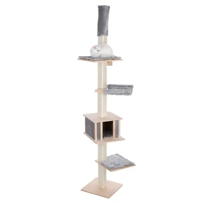Árbol rascador con varios niveles, cueva y superficies para descansar de madera y tela gris. Gato blanco en la plataforma superior.