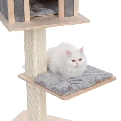 Árbol rascador con poste de sisal, dos niveles de madera y cojines grises. Gato blanco sentado en el nivel inferior.