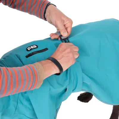 Manteau bleu pour chien avec fermeture à clip, poche zippée et logo 'FOF'. Personne attachant la sangle sur le dos du chien.