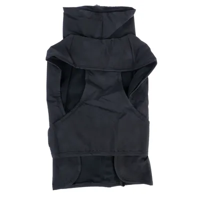 Black dog coat with hood and Velcro fastener, sleeveless design.