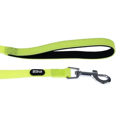Neon yellow dog lead with padded handle, metal carabiner and black logo detail.