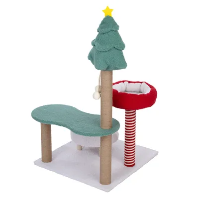 Kratzbaum mit Weihnachtsbaum-Design, grüne Plattform, rote gepolsterte Liegefläche und Sisalstämme. Ideal für Katzen zum Spielen und Entspannen.