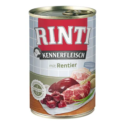 Konzerva Rinti Kennerfleisch mit Rentier, prikaz mesa i iznutrica na etiketi. Tekst: Getreidefrei, Fleisch pur, ohne Kohlenhydrate, Zusammensetzung verfeinert.