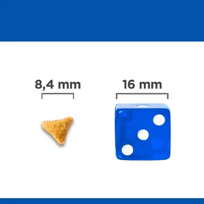 Сравнение на размер: гранула с дължина 8,4 мм до син зар с дължина 16 мм. Видими са надписи с размерите под всяка фигура.