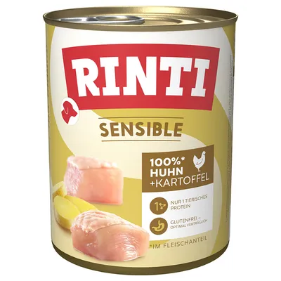 Lata de Rinti Sensible. Texto visible: 100%* Huhn +Kartoffel, nur 1 tierisches Protein, glutenfrei – optimal verträglich, *im Fleischanteil. Imagen de pollo y patata.