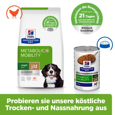 Hill's Prescription Diet Metabolic + Mobility Trocken- und Nassnahrung, verbessert die Beweglichkeit in 21 Tagen, unterstützt Gewichtsabnahme, probieren Sie unsere Nahrung aus.