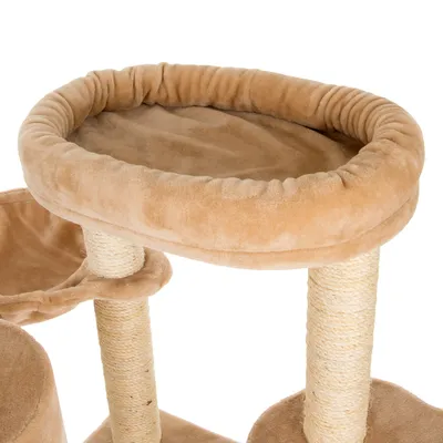 Krabpaal met beige pluche ligmand en sisal palen, geschikt voor katten om te rusten en te krabben. Materialen: stof en sisal touw zichtbaar.