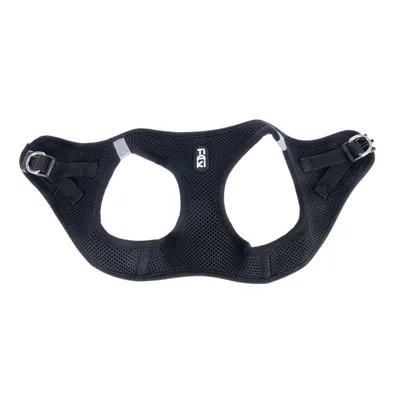 Schwarzes Geschirr aus atmungsaktivem Mesh-Material mit zwei Schnallen und reflektierenden Details. Sichtbares Logo: FIK.