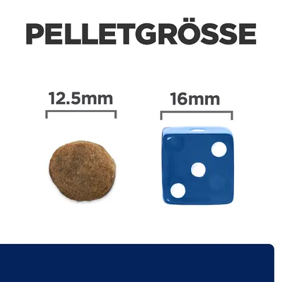 Vergleich der Pelletgrösse: links Pellet mit Durchmesser 12,5 mm, rechts blauer Würfel mit Kantenlänge 16 mm.