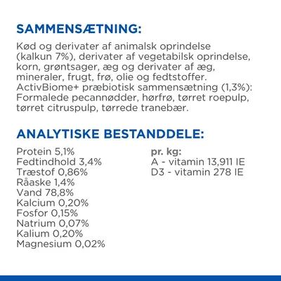 Sammensætning: kalkun 7 %, vegetabilske og animalske derivater, ActivBiome+ præbiotisk 1,3 %. Analytiske bestanddele: protein 5,1 %, fedt 3,4 %, vand 78,8 %, A-vitamin 13.911 IE/kg.
