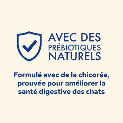 Avec des prébiotiques naturels. Formulé avec de la chicorée, prouvée pour améliorer la santé digestive des chats.