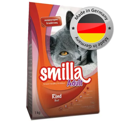 Confezione di Smilla Adult Rind Beef 1 kg, alimento per gatti adulti. Testo visibile: 'ausgewogene Ernährung', 'Made in Germany', 'Finest Healthy Nutrition', simboli informativi.
