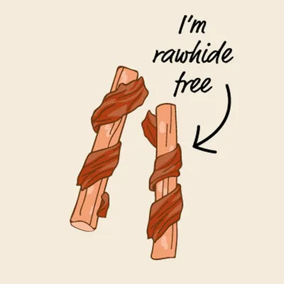 Illustration of two chew sticks with text stating 'I'm rawhide free', indicating the product does not contain rawhide.