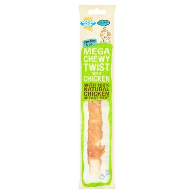 Mega Chewy Twist with Chicken, made with 100% natural chicken breast meat, shown in single stick packaging.