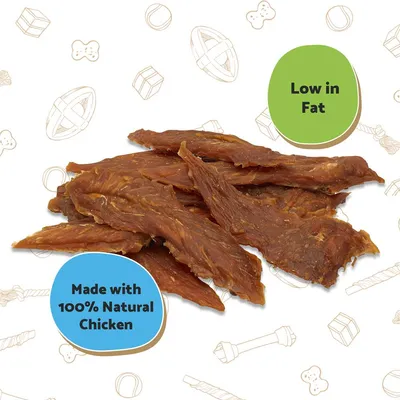 Chicken jerky treats with text stating 'Low in Fat' and 'Made with 100% Natural Chicken'
