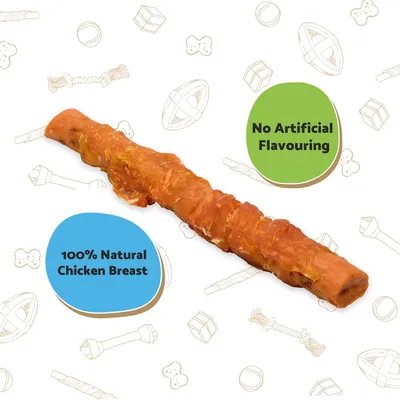 Chew stick made with 100% natural chicken breast and no artificial flavouring, as shown in product image.