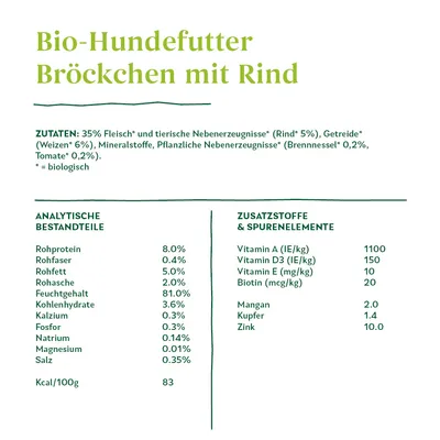 Bio-Hundefutter Bröckchen mit Rind. Zutaten: 35% Fleisch, Getreide, Mineralstoffe, pflanzliche Nebenerzeugnisse. Analytische Bestandteile und Zusatzstoffe mit genauen Werten aufgelistet.
