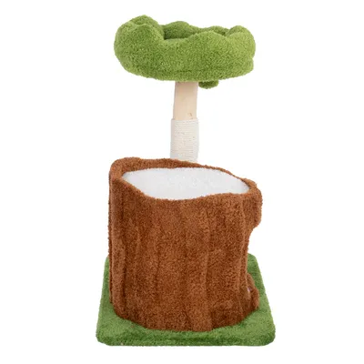 Rascador con diseño de tronco de árbol, techo de felpa verde, base marrón y superficie de descanso blanca. Poste de sisal integrado para el cuidado de las garras.