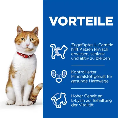 Vorteile: Zugefügtes L-Carnitin hilft Katzen klinisch erwiesen, schlank und aktiv zu bleiben. Kontrollierter Mineralstoffgehalt für gesunde Harnwege. Hoher Gehalt an L-Lysin für Vitalität.