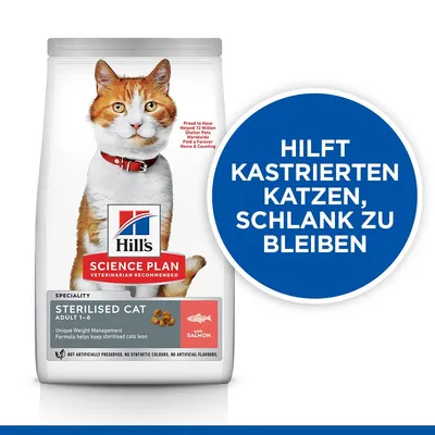 Hill's Science Plan Sterilised Cat Adult 1-6 mit Lachs. Hilft kastrierten Katzen, schlank zu bleiben. Keine künstlichen Konservierungsstoffe, Farben oder Aromen.