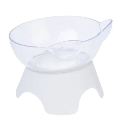 Läpinäkyvä ruokakuppi valkoisella jalustalla, ergonomisesti muotoiltu helppoon käyttöön.