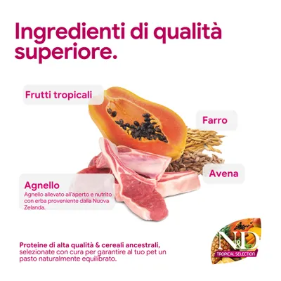 Componenti di alta qualità: frutta tropicale, farro, avena e agnello. Agnello dalla Nuova Zelanda, alimentato con erba. Proteine e cereali antichi per pasti equilibrati.