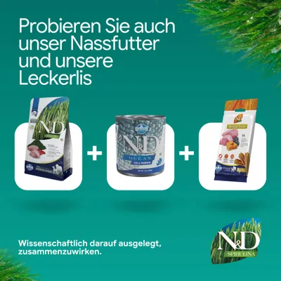 Probieren Sie auch unser Nassfutter und unsere Leckerlis. Wissenschaftlich darauf ausgelegt, zusammenzuwirken. N&D Spirulina, Farmina Ocean, Dental Treat abgebildet.