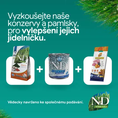 N&D Spirulina granule, Farmina Ocean mokré krmivo a N&D Dental Treat. Vedecky vyvinuté na spoločné kŕmenie. N&D Spirulina granule, Farmina Ocean mokré krmivo a N&D Dental Treat. Vedecky vyvinuté na spoločné kŕmenie.