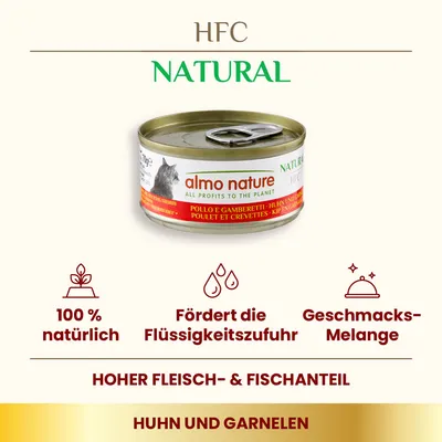 almo nature HFC Natural Nassfutter für Katzen, Sorte Huhn und Garnelen. 100% natürlich, fördert Flüssigkeitszufuhr, hoher Fleisch- und Fischanteil, Geschmacks-Melange.