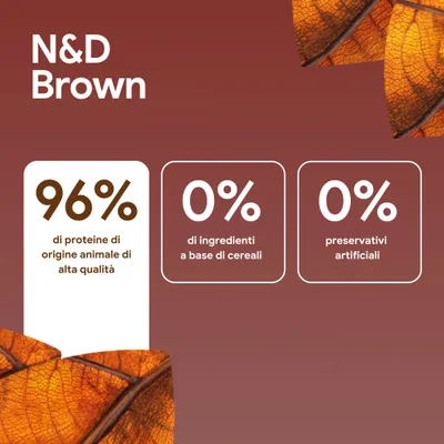 N&D Brown: 96% proteine animali di alta qualità, 0% ingredienti cerealicoli, 0% conservanti artificiali N&D Brown: 96% proteine animali di alta qualità, 0% ingredienti cerealicoli, 0% conservanti artificiali