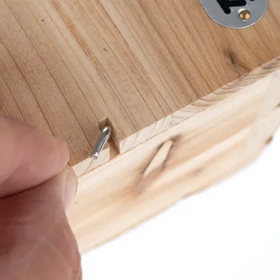 Närbild av en träbox med metallstängning som öppnas för hand.