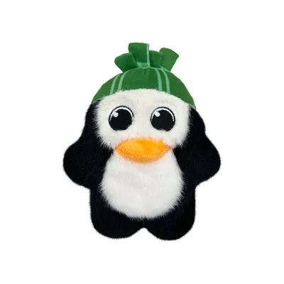 Plush toy in penguin shape with green hat, suitable for pets.