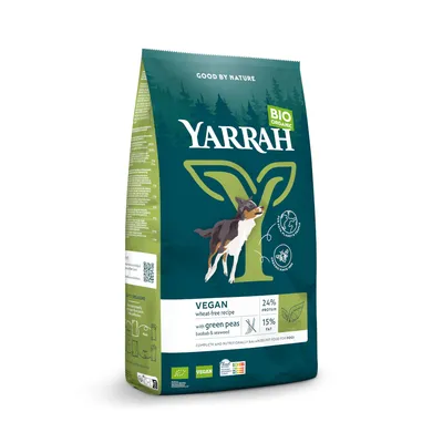 Sac de croquettes Yarrah Bio Organic Vegan pour chien, recette sans blé avec pois verts, baobab et algues, 24 % protéines, 15 % matières grasses. Labels bio visibles sur l’emballage.
