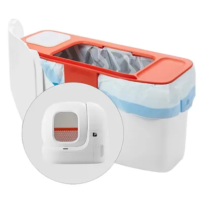Katzentoilette mit integriertem Müllbehälter, orange-weisse Abdeckung und blauer Müllbeutel. Detailansicht des Eingangsbereichs mit Gitterboden.