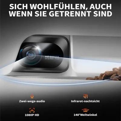Pet-Kamera mit Zwei-Wege-Audio, 1080P HD, Infrarot-Nachtsicht und 140° Weitwinkel. Text: Sich wohlfühlen, auch wenn Sie getrennt sind.