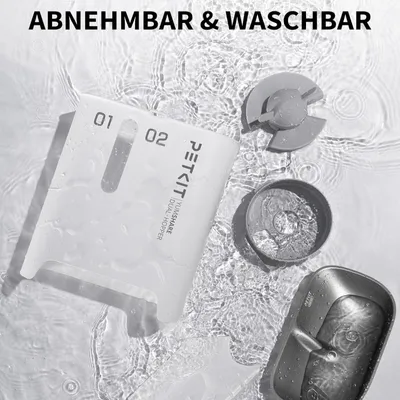 PETKIT Yumshare Dual-Hopper, abnehmbar und waschbar, mit Teilen in Wasser gezeigt.